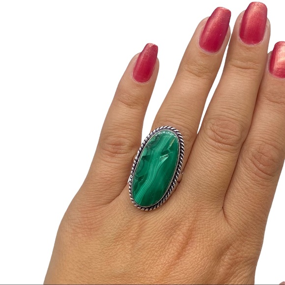 Jewelry - Malachite Ring Size 9 Natural Stone Stamped 925 Sterling Silver Oval Cabochon